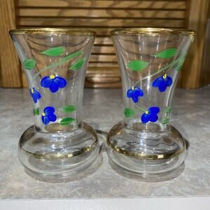 2 Bartlett Hand Painted Floral Mini Vases Blue Violets 4” Tall